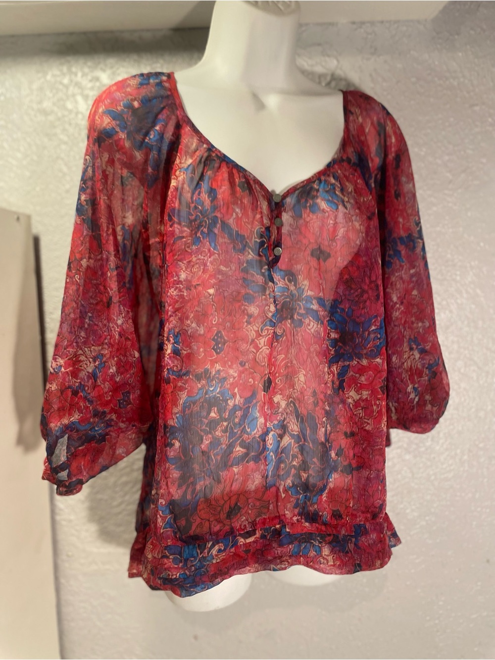 Nine West Red and Blue Sheer Floral Peasant Blouse